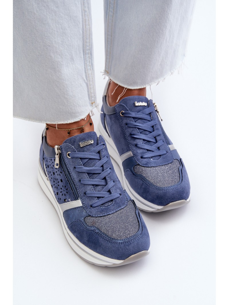 Women's Platform Sneakers with Lacy Pattern and Brocade INBLU IN000372 Blue