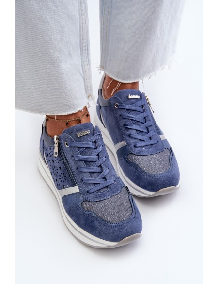 Women's Platform Sneakers with Lacy Pattern and Brocade INBLU IN000372 Blue