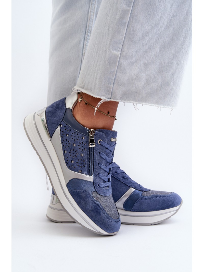 Women's Platform Sneakers with Lacy Pattern and Brocade INBLU IN000372 Blue