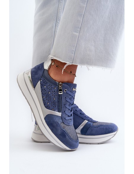 Women's Platform Sneakers with Lacy Pattern and Brocade INBLU IN000372 Blue