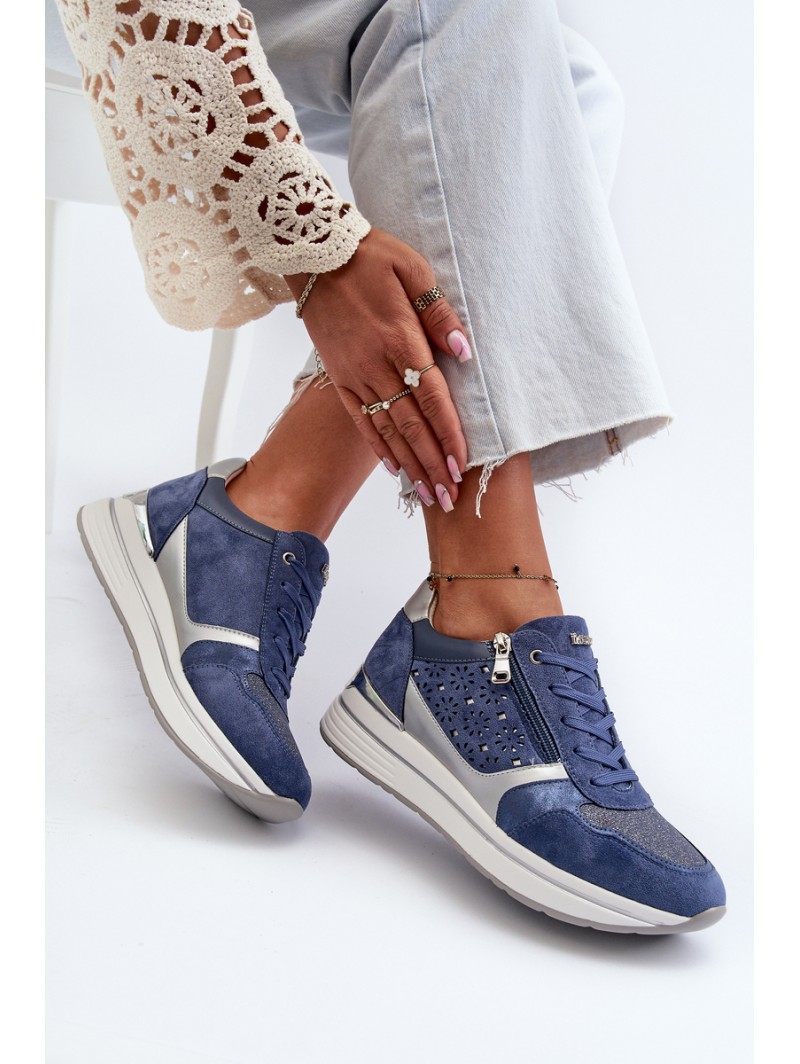 Women's Platform Sneakers with Lacy Pattern and Brocade INBLU IN000372 Blue