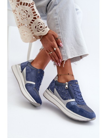 Women's Platform Sneakers with Lacy Pattern and Brocade INBLU IN000372 Blue