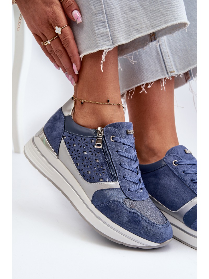 Women's Platform Sneakers with Lacy Pattern and Brocade INBLU IN000372 Blue