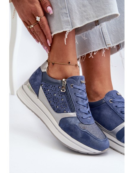 Women's Platform Sneakers with Lacy Pattern and Brocade INBLU IN000372 Blue