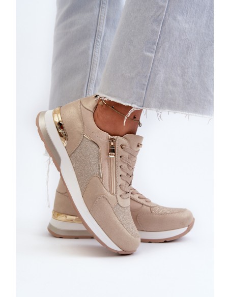 Women's Sneakers with Sequins and Zipper INBLU IN000365 Beige