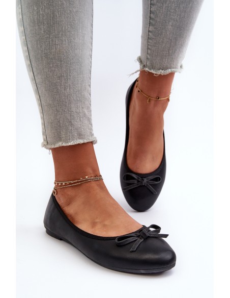 Black Eco Leather Ballerina Flats with Bow
