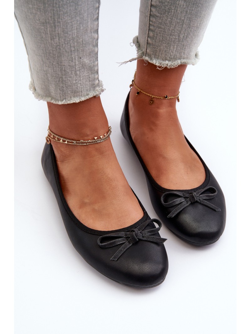 Black Eco Leather Ballerina Flats with Bow
