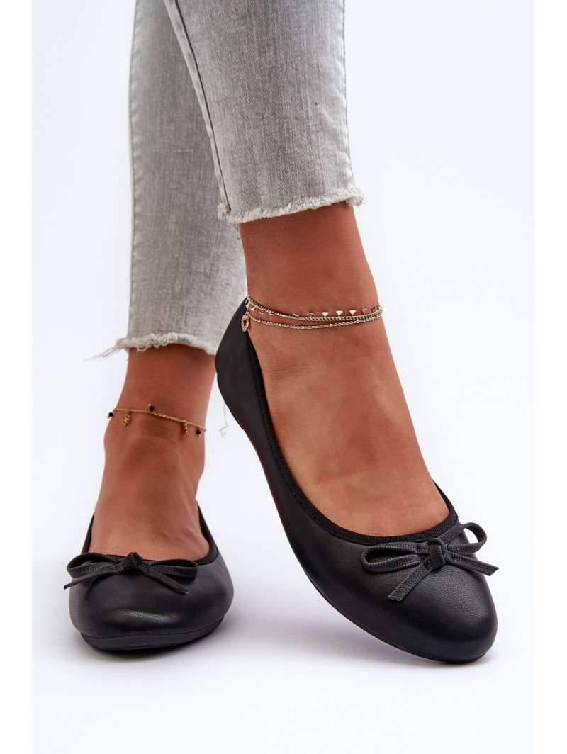 Black Eco Leather Ballerina Flats with Bow