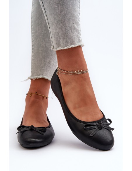 Black Eco Leather Ballerina Flats with Bow