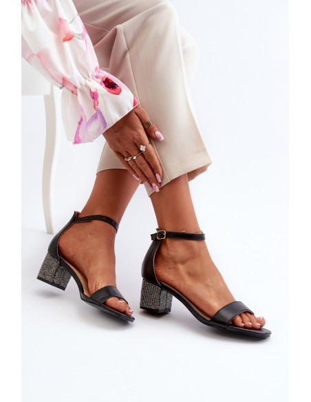 Women's sandals in eco leather on embellished heel black Wiatalia