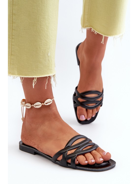 Women's Eco Leather Flat Heel Black Sandals Moldela