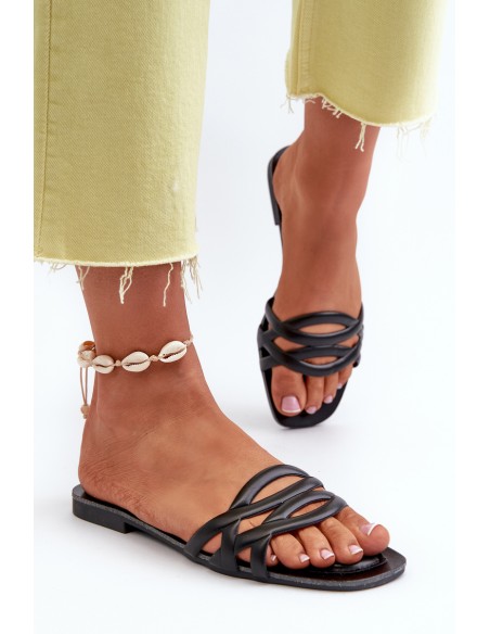 Women's Eco Leather Flat Heel Black Sandals Moldela