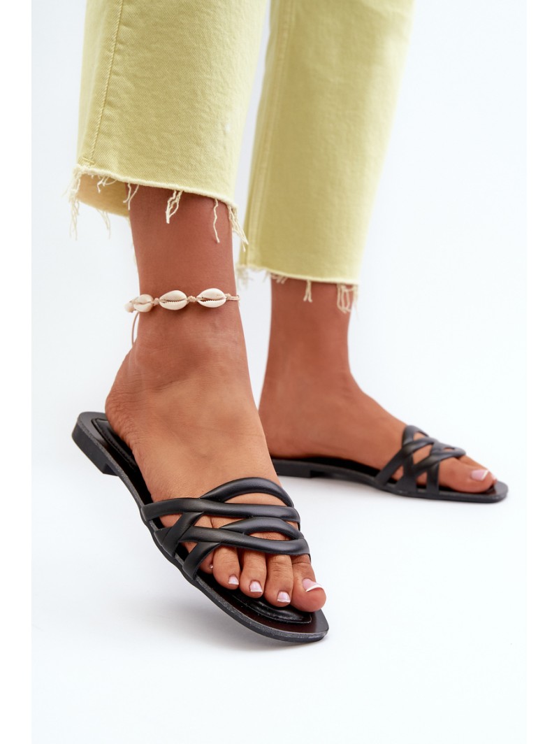 Women's Eco Leather Flat Heel Black Sandals Moldela