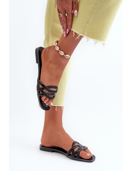 Women's Eco Leather Flat Heel Black Sandals Moldela