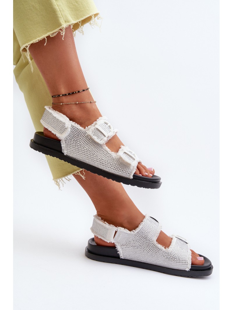 Women's White Embellished Denim Sandals Irmale