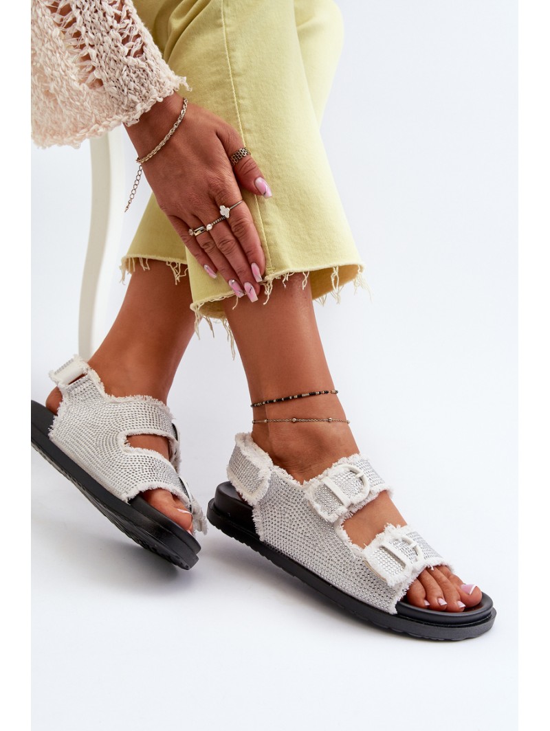 Women's White Embellished Denim Sandals Irmale