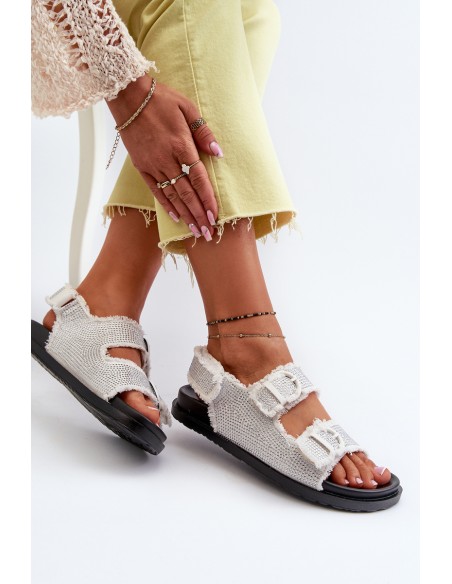 Women's White Embellished Denim Sandals Irmale