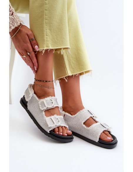 Women's White Embellished Denim Sandals Irmale