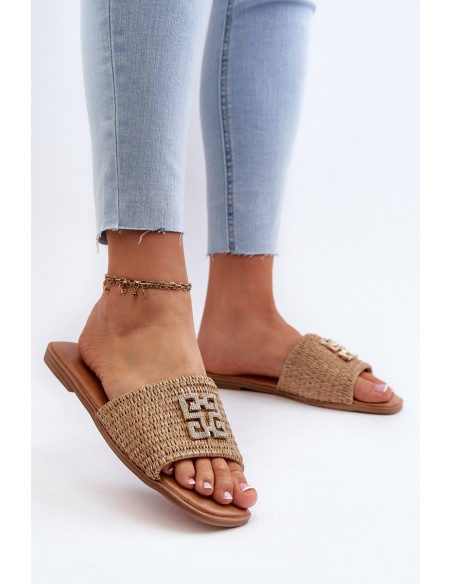 Flat Women's Slippers with Weave and Decoration Beige Omenna