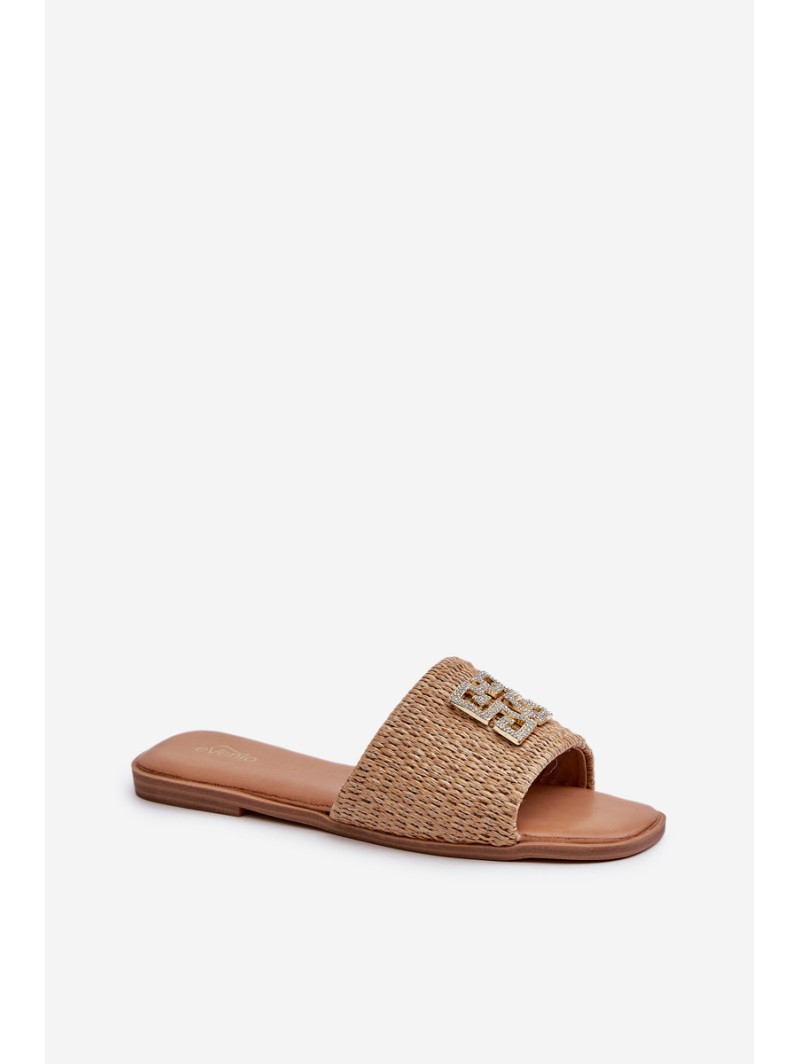 Flat Women's Slippers with Weave and Decoration Beige Omenna