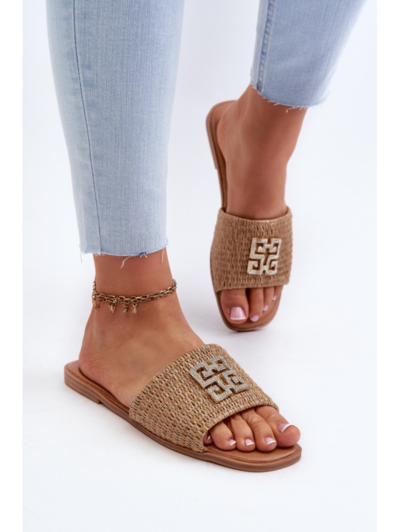Flat Women's Slippers with Weave and Decoration Beige Omenna