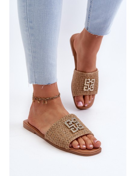 Flat Women's Slippers with Weave and Decoration Beige Omenna