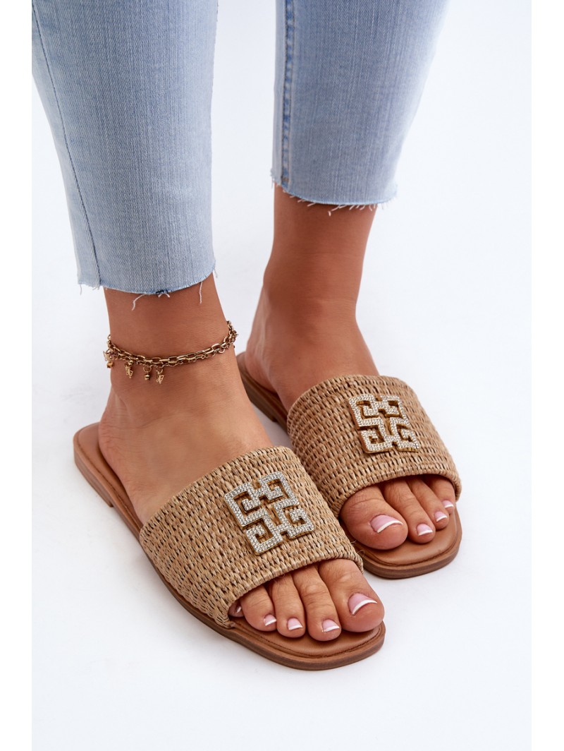 Flat Women's Slippers with Weave and Decoration Beige Omenna