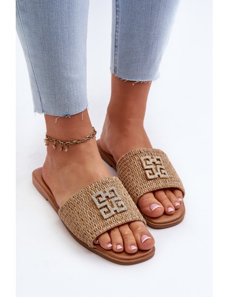 Flat Women's Slippers with Weave and Decoration Beige Omenna