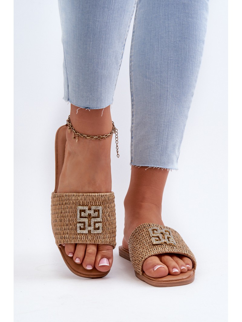 Flat Women's Slippers with Weave and Decoration Beige Omenna