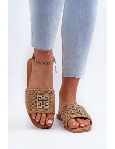 Flat Women's Slippers with Weave and Decoration Beige Omenna
