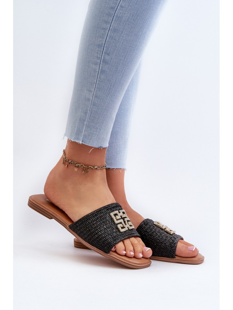Flat Women's Sandals with Weave and Decoration Black Omenna