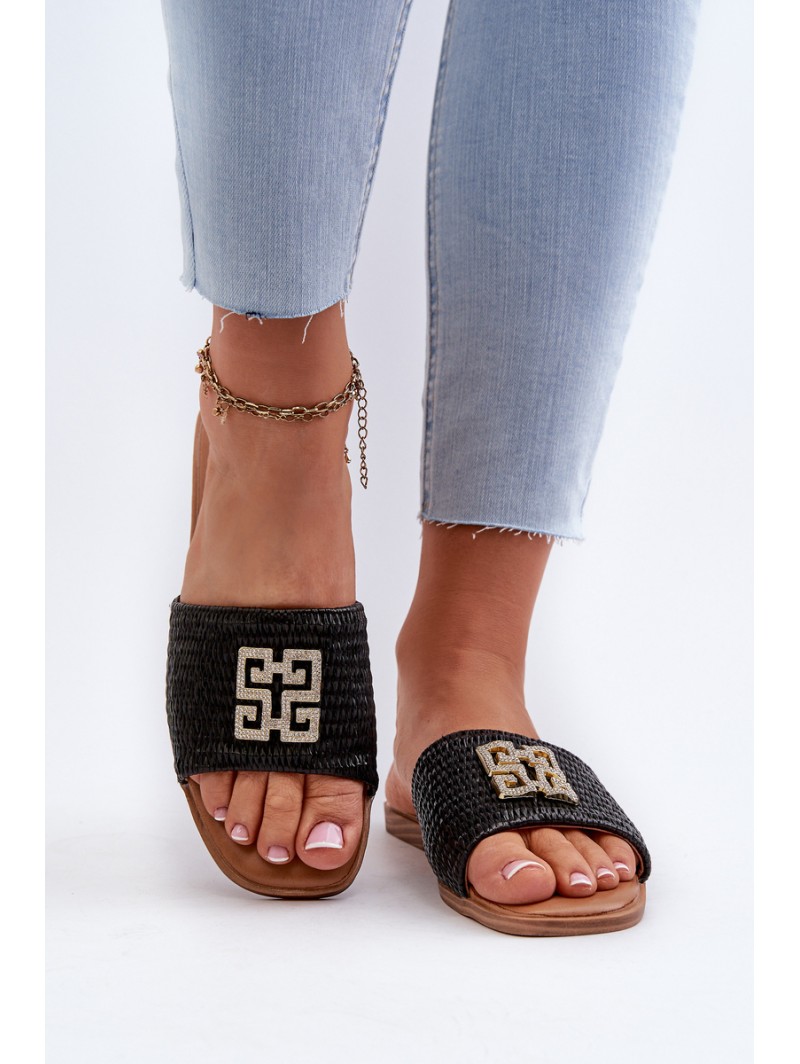 Flat Women's Sandals with Weave and Decoration Black Omenna