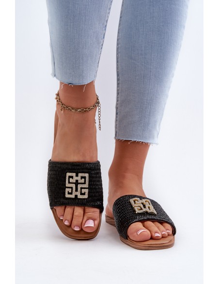 Flat Women's Sandals with Weave and Decoration Black Omenna