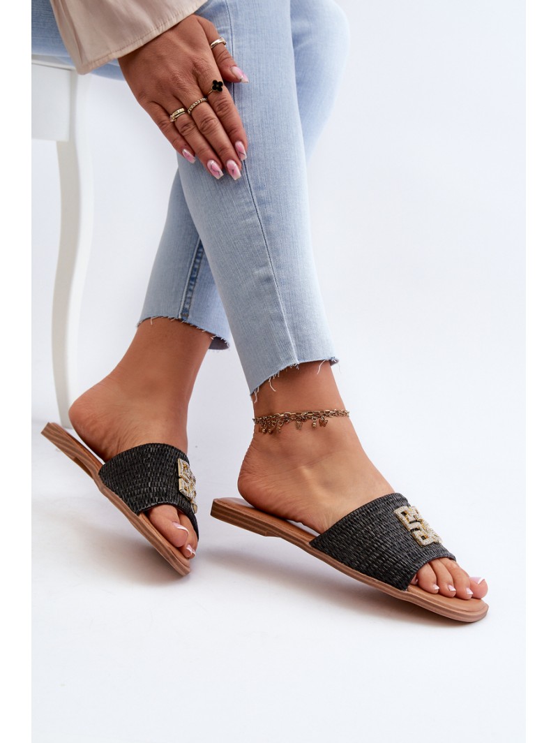 Flat Women's Sandals with Weave and Decoration Black Omenna