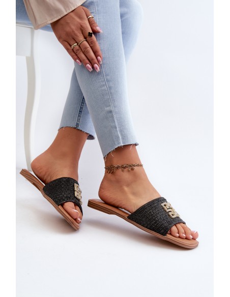 Flat Women's Sandals with Weave and Decoration Black Omenna