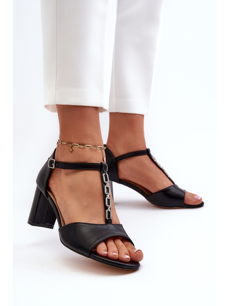 Women's Sandals with High Heel and Decorative Eco Leather Strap Black Triavera