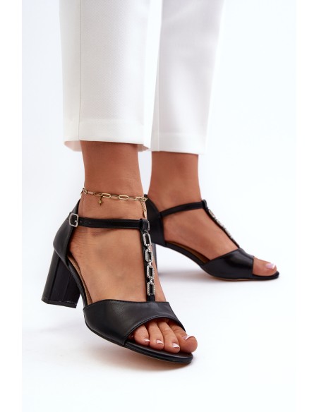 Women's Sandals with High Heel and Decorative Eco Leather Strap Black Triavera