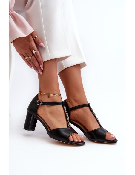 Women's Sandals with High Heel and Decorative Eco Leather Strap Black Triavera