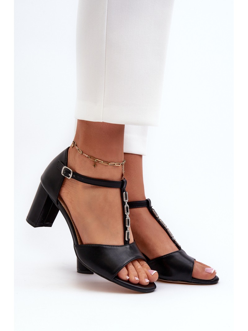 Women's Sandals with High Heel and Decorative Eco Leather Strap Black Triavera
