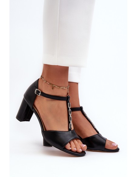 Women's Sandals with High Heel and Decorative Eco Leather Strap Black Triavera