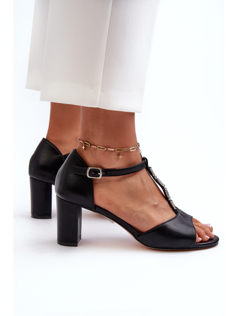 Women's Sandals with High Heel and Decorative Eco Leather Strap Black Triavera