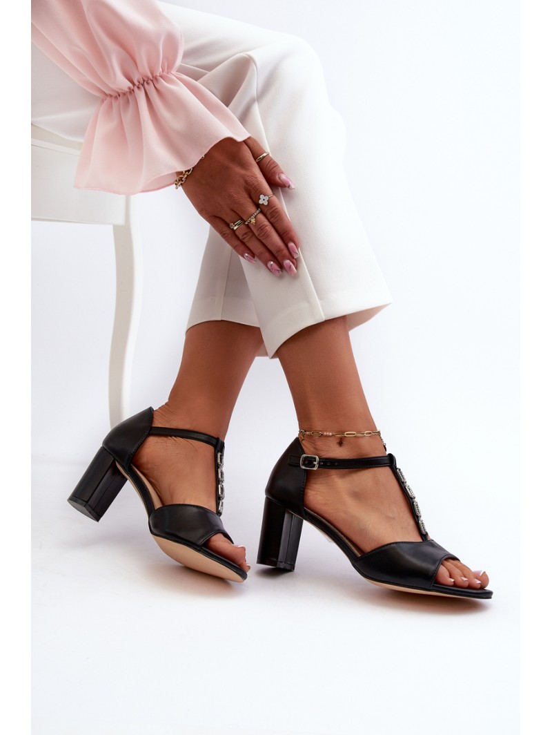 Women's Sandals with High Heel and Decorative Eco Leather Strap Black Triavera