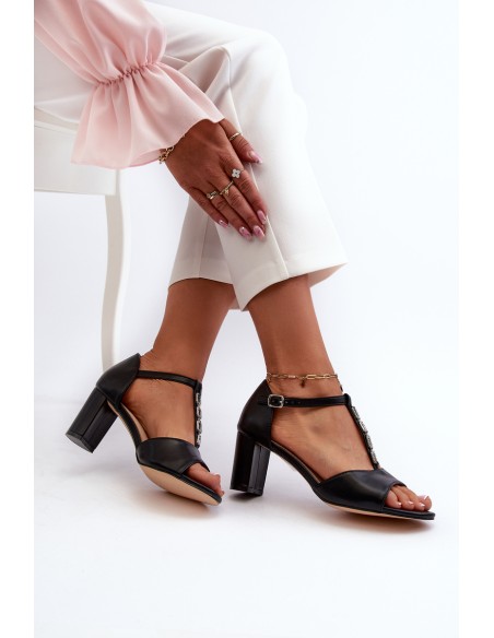 Women's Sandals with High Heel and Decorative Eco Leather Strap Black Triavera