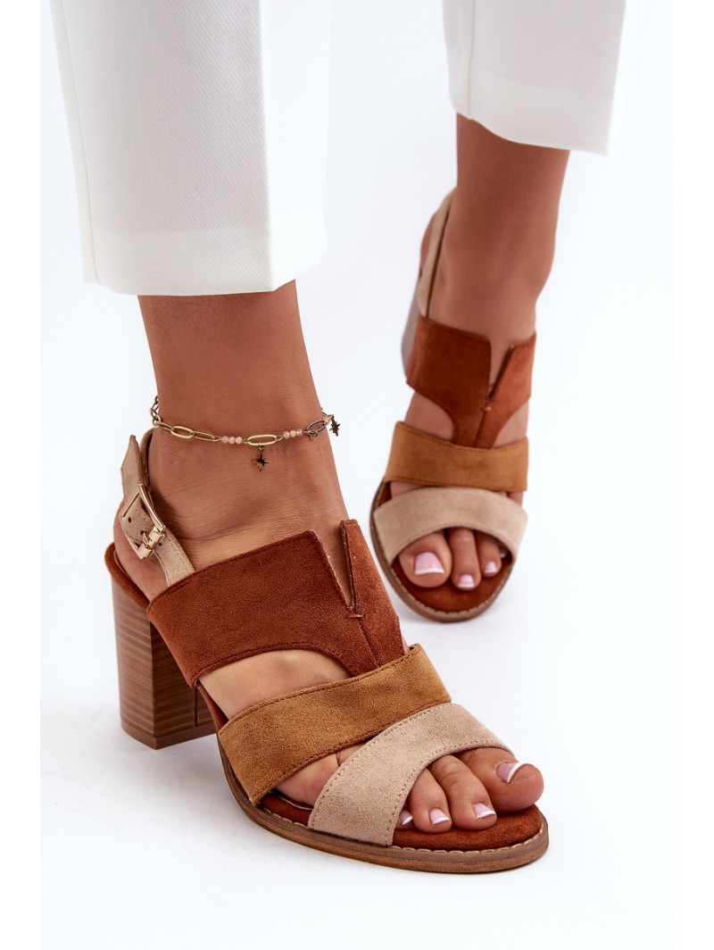 Women's sandals in faux suede on a block heel brown Qutima