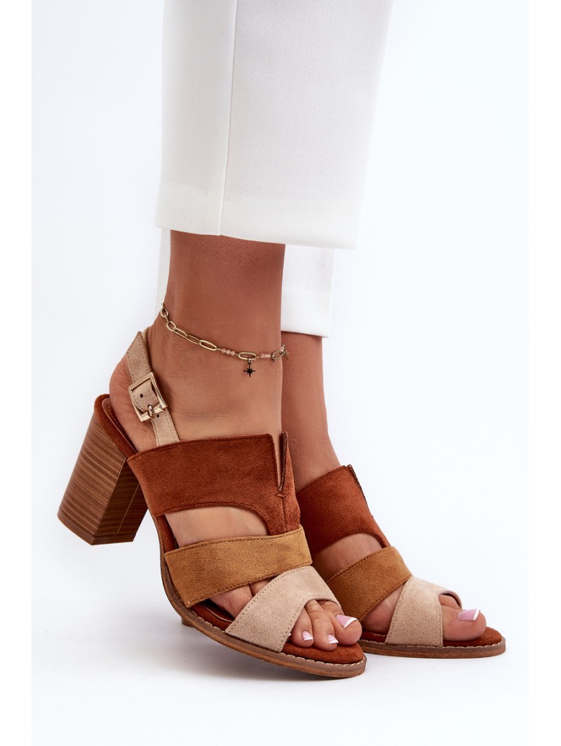 Women's sandals in faux suede on a block heel brown Qutima