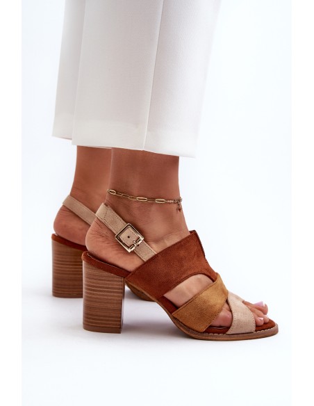 Women's sandals in faux suede on a block heel brown Qutima