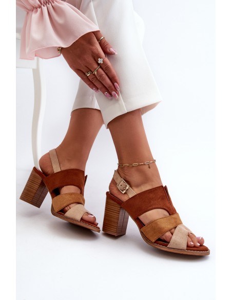 Women's sandals in faux suede on a block heel brown Qutima