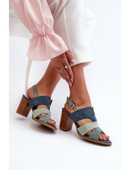 Women's sandals in eco suede on high block heel blue Qutima