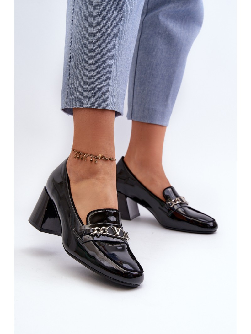 Black Patent Low Heel Court Shoes with Decoration Makki