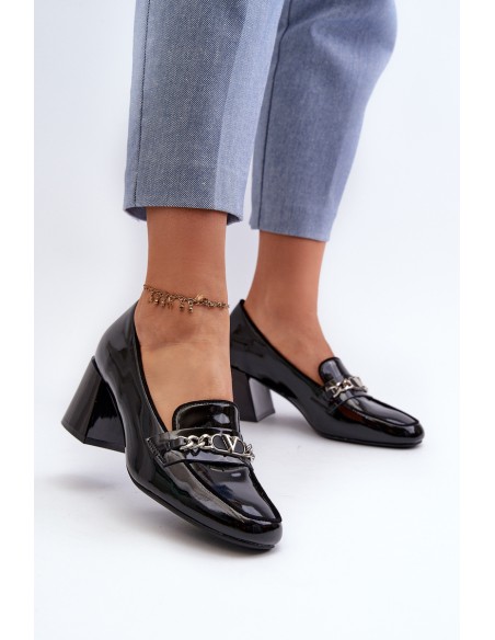 Black Patent Low Heel Court Shoes with Decoration Makki